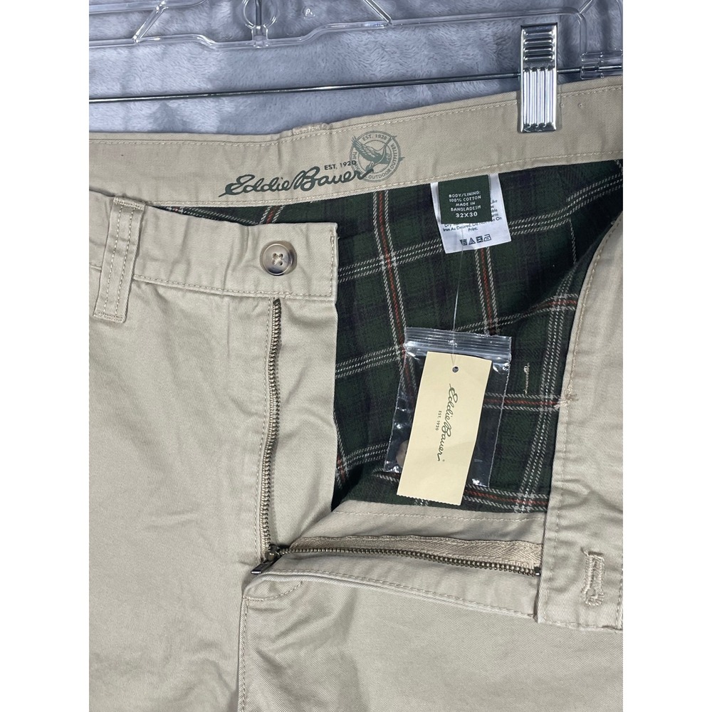 Eddie Bauer Mens Flannel Lined Chino Pants Dark Khaki Plaid Lining 32x30 NEW - Picture 2 of 10